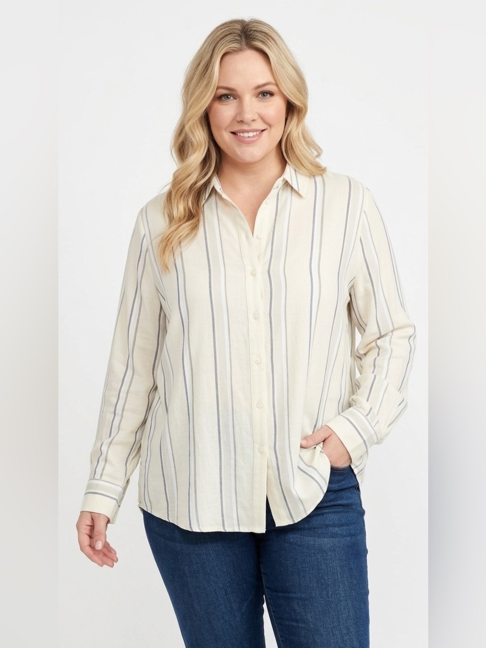 Kal Rieman tan striped button down top size 14